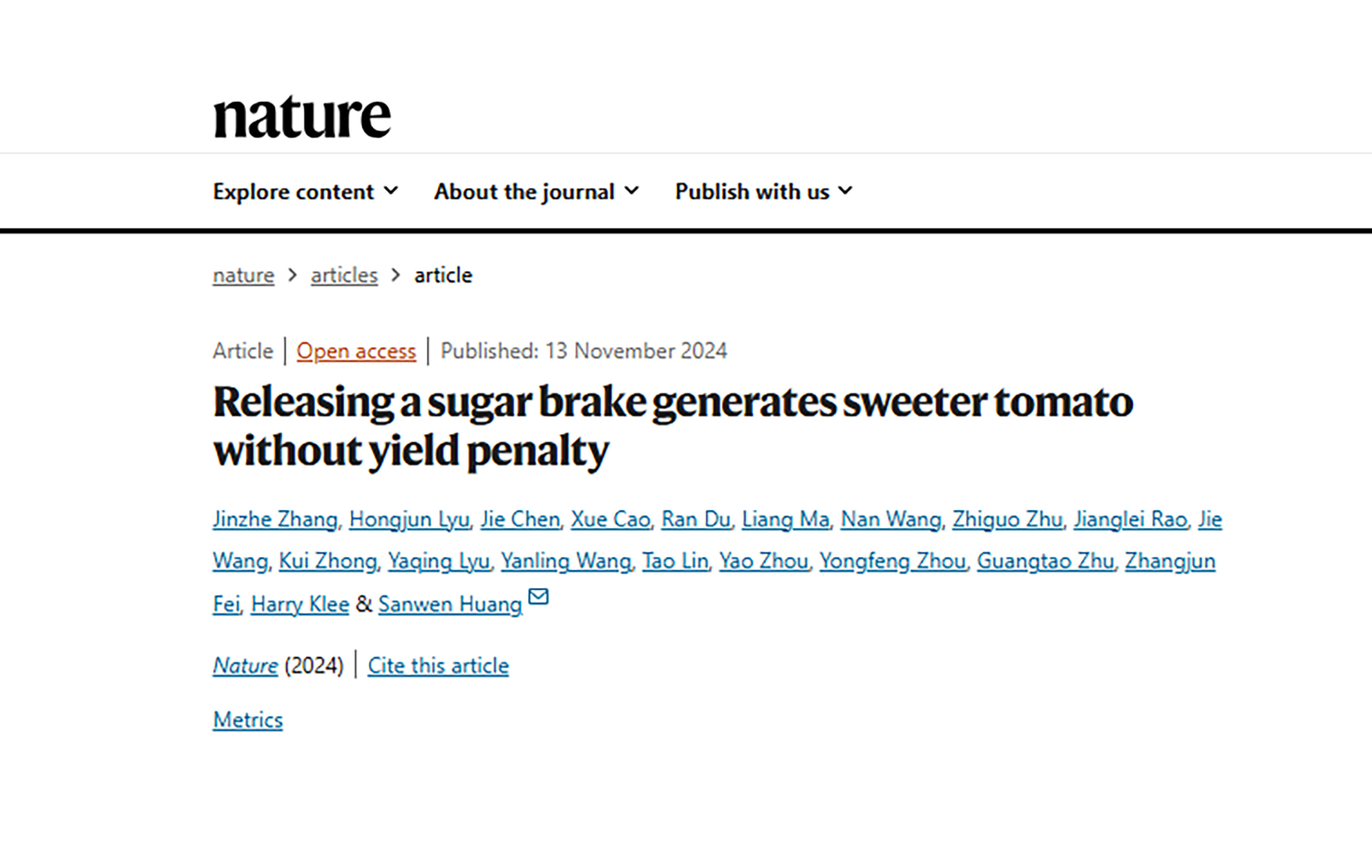 Nature | Releasing a sugar brake generates sweeter tomato without yield penalty