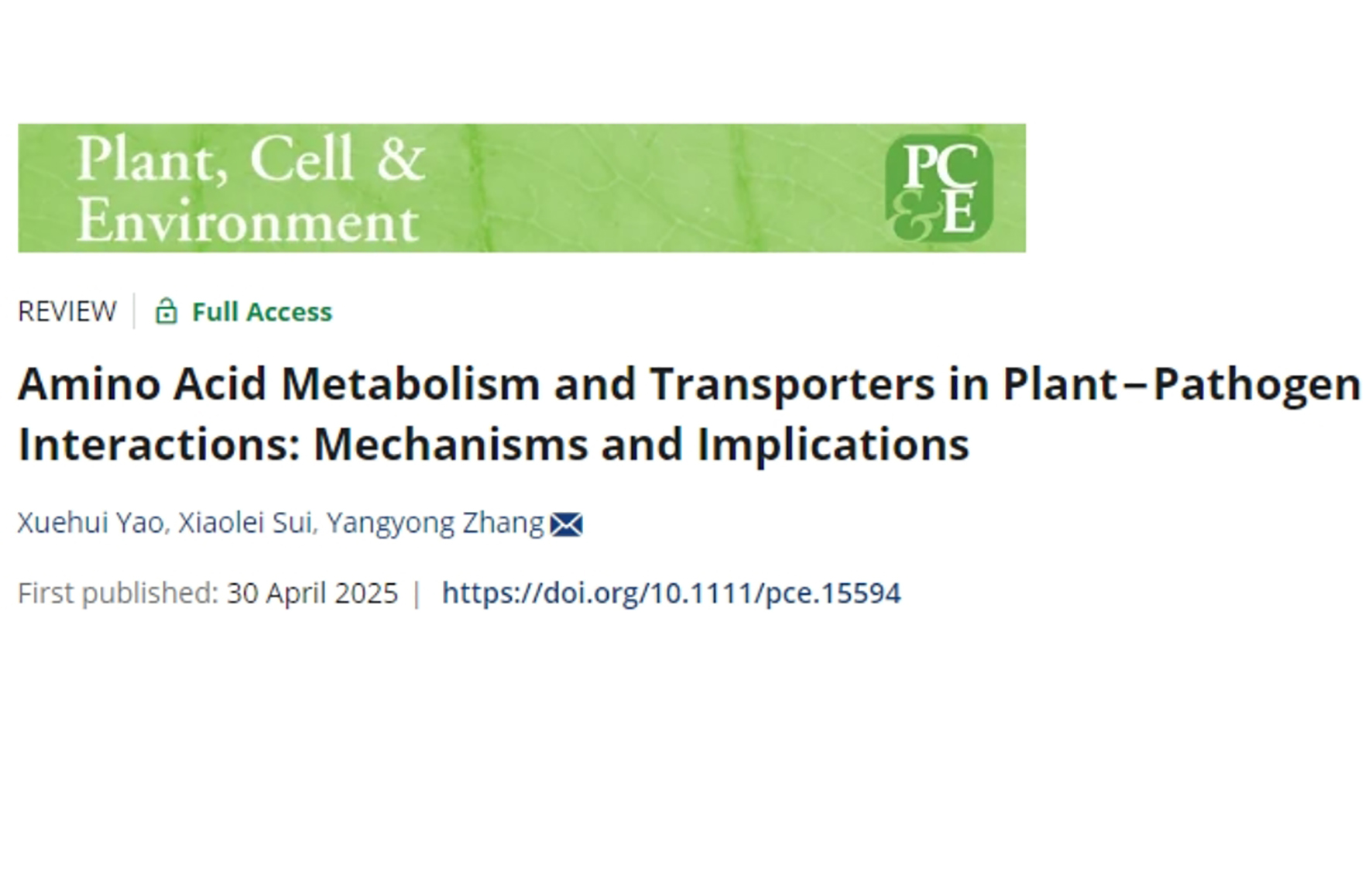 PCE | The Innovative Team of Cabbage Vegetable Genetics and Breeding at the Institute of Vegetables and Flowers, Chinese Academy of Agricultural Sciences Published a Review Article on the Research Progress of Amino Acid Metabolism and Transporters in Plant-Pathogen Interactions