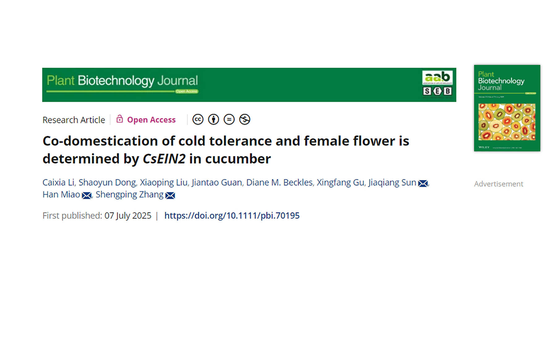 PBJ ｜Zhang Shengping's Team revealed the regulatory mechanism of CsEIN2 in determining the co-domestication of cold tolerance and female flower in cucumber